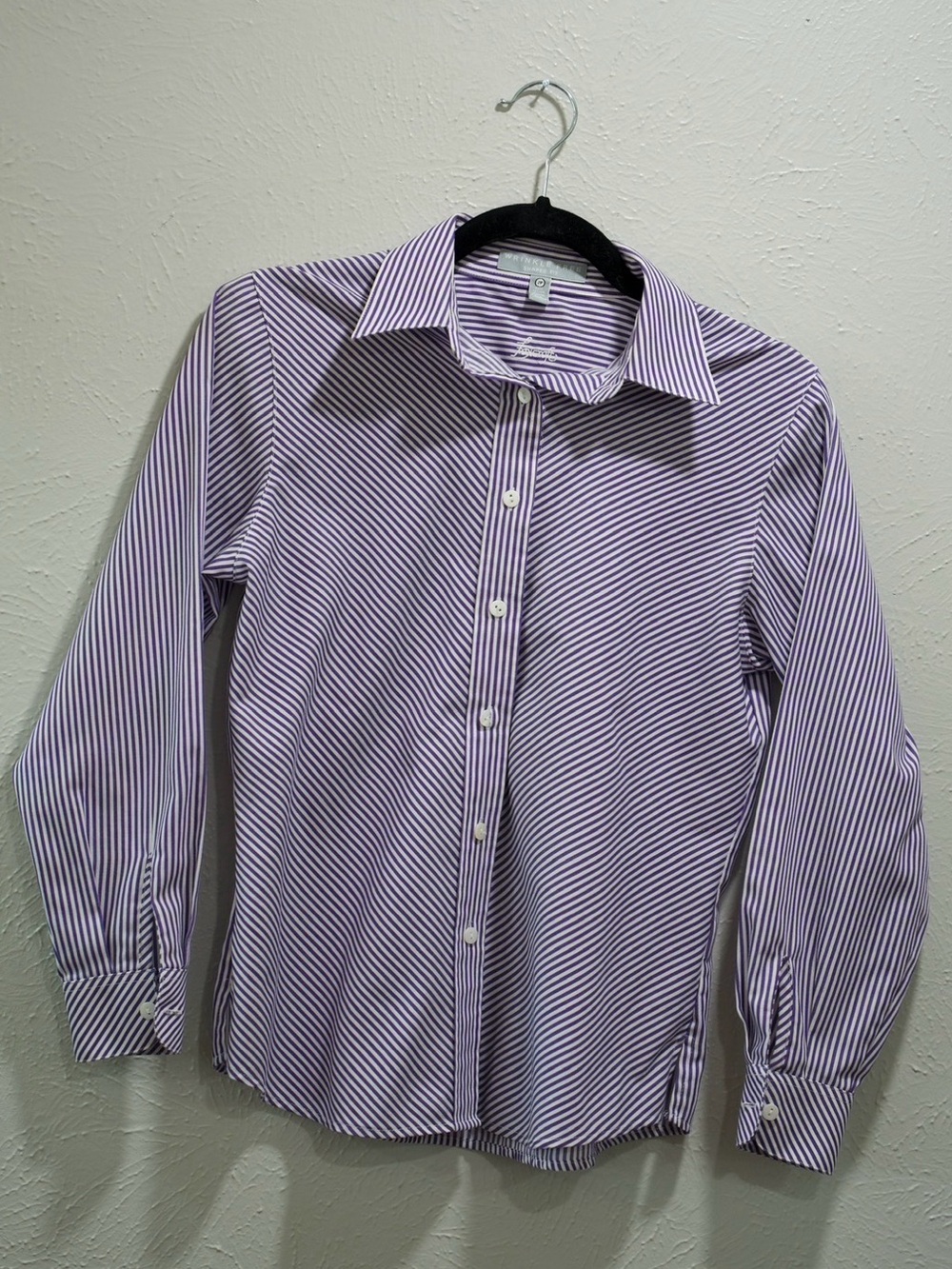 Wrinkle Free FoxCroft Purple and White Striped Button-Up Shirt